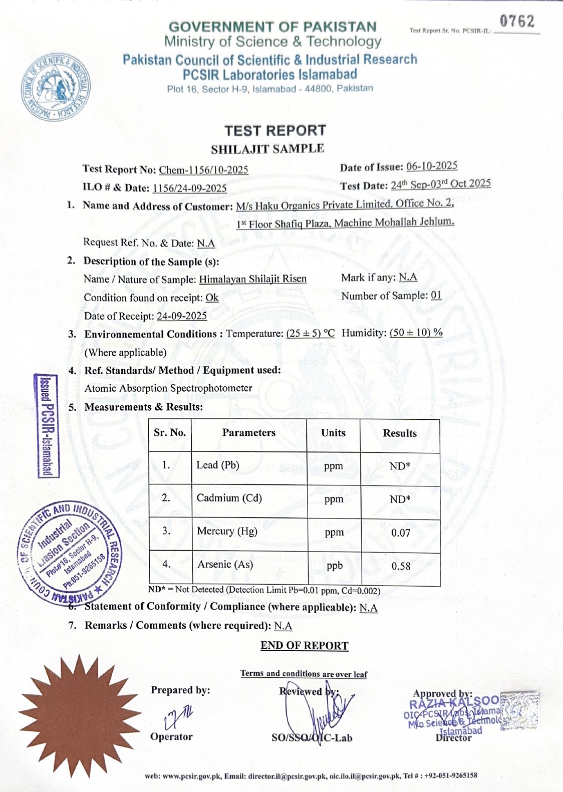 PCSIR laboratory test report for Haku Organics Himalayan Shilajit Resin