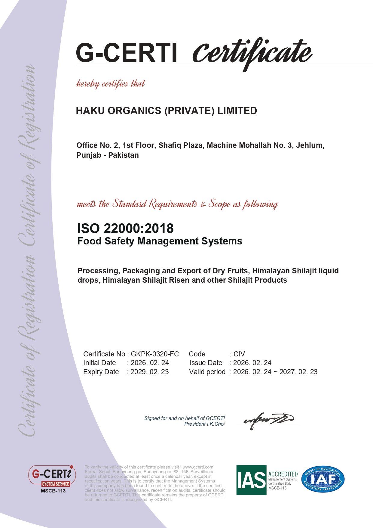 ISO 22000:2018 Food Safety Management Systems certificate for Haku Organics
