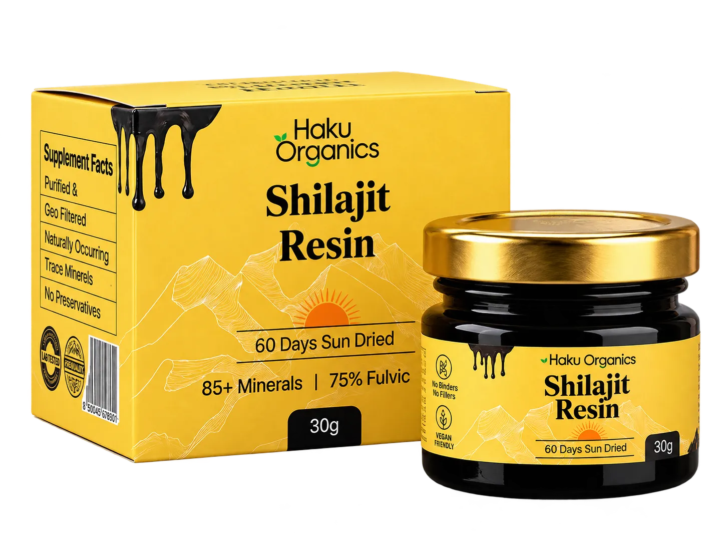 Haku Organics Shilajit Resin 30g jar and yellow carton